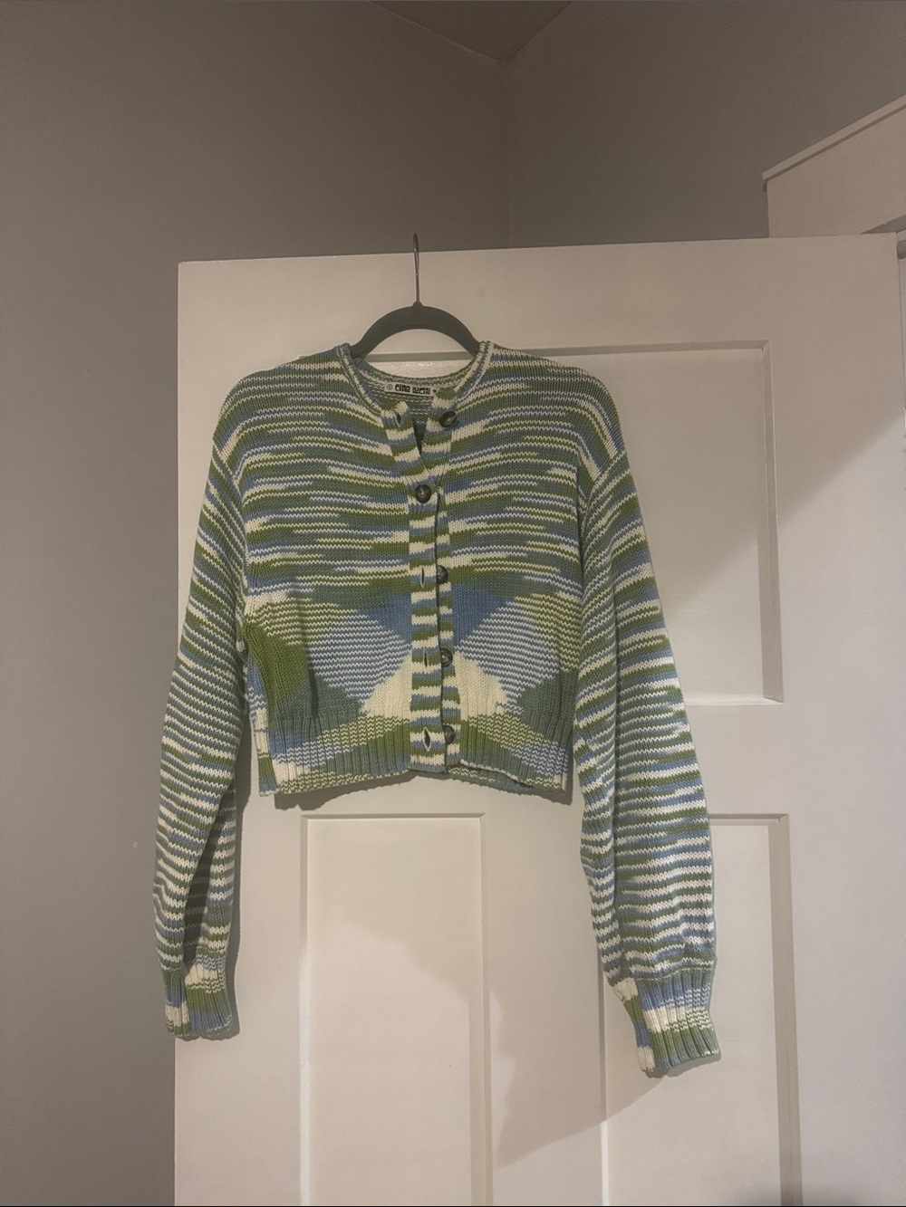 Ciao Lucia Striped Green Blue and White Cropped Cardigan